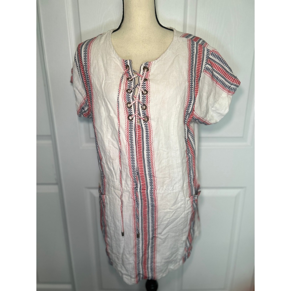 Tularosa Tunic Dress Lace Up Boho M White Red Blue Cotton Linen Striped Pockets